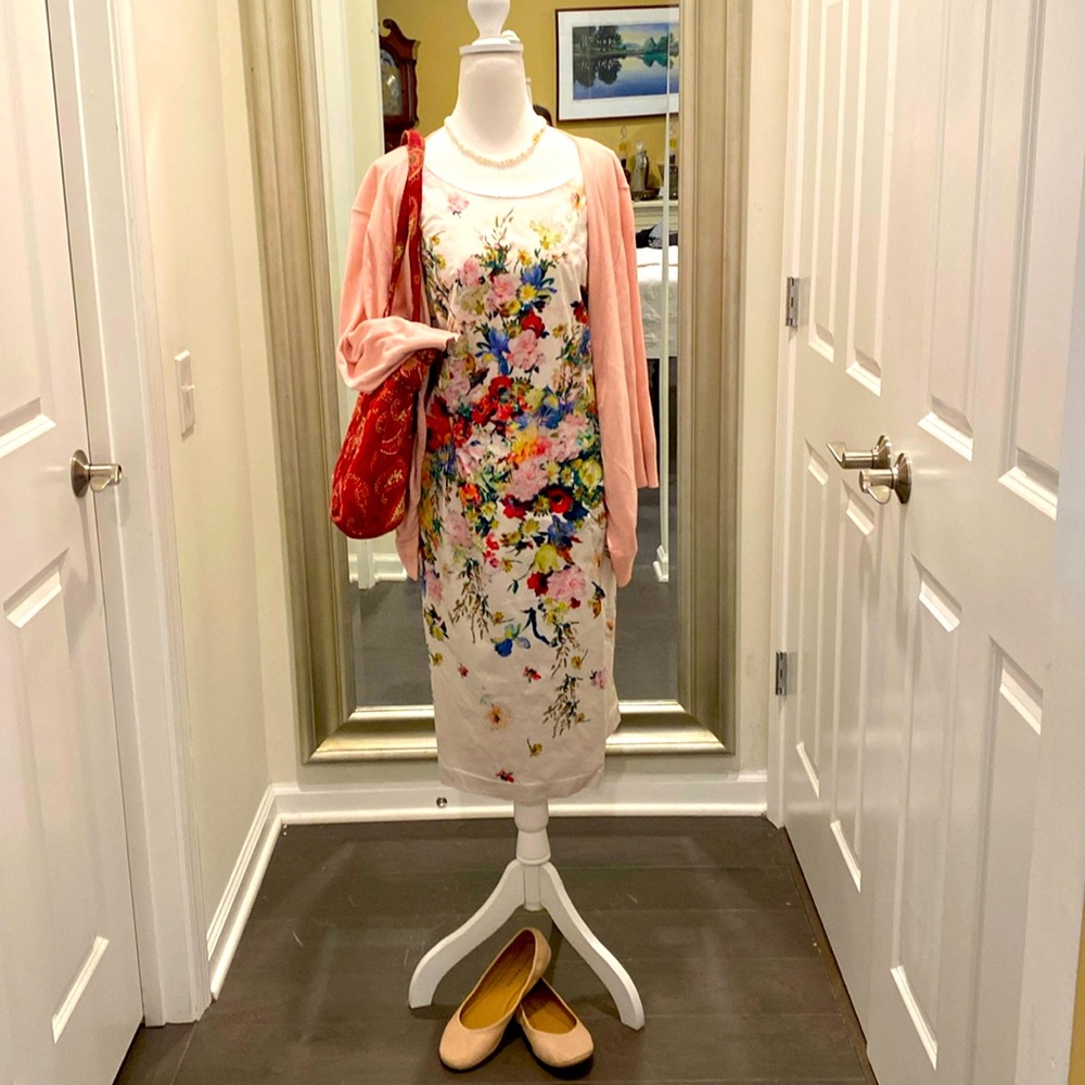 Talbots size 16W Sheath Dress White‎ with flowers side zip lined cotton